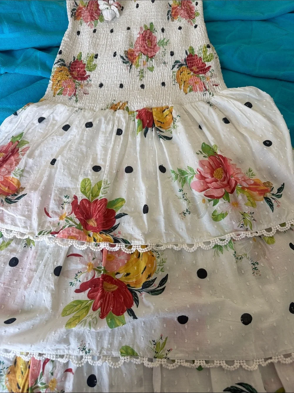 FARM Rio Nanaju Dress Floral Polka Sleeveless Smocked Tiered Midi White Medium - Picture 4 of 7